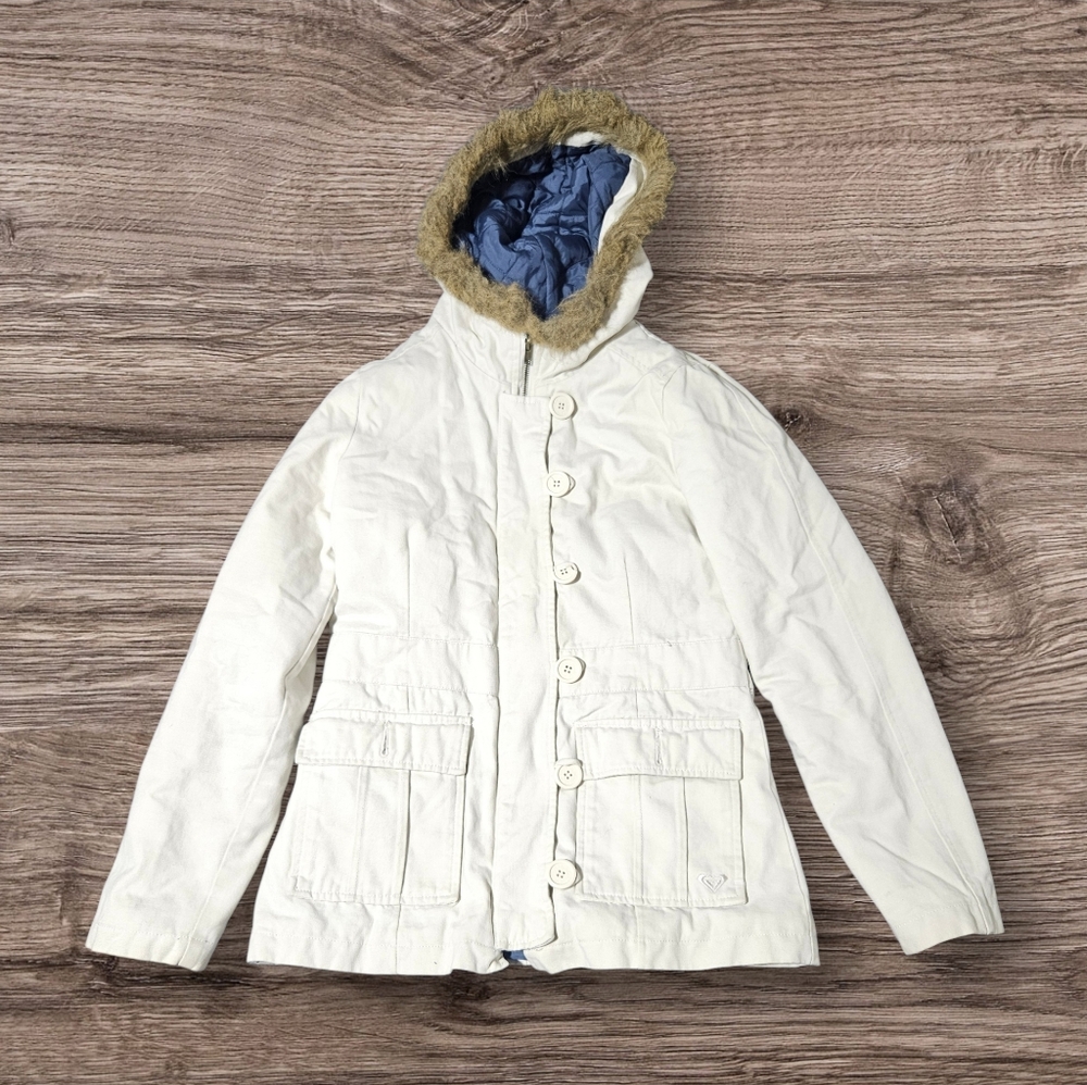 Roxy Women's‎ Ski Snow Jacket Coat Medium Faux Fur Trim Hood Quilted Lined Ivory